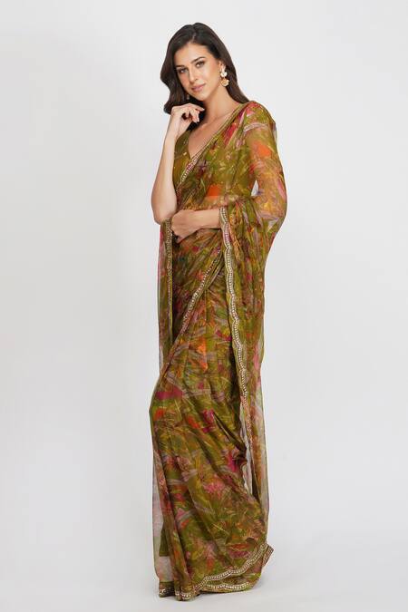 Buy_Devyani Mehrotra_Green Chanderi, Viscose Chiffon V Neck Printed Saree With Blouse_Online_at_Aza_Fashions