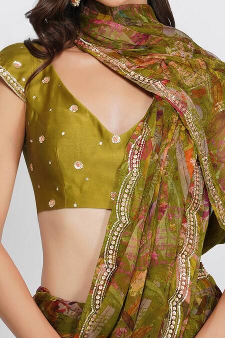 Shop_Devyani Mehrotra_Green Chanderi, Viscose Chiffon V Neck Printed Saree With Blouse_Online_at_Aza_Fashions
