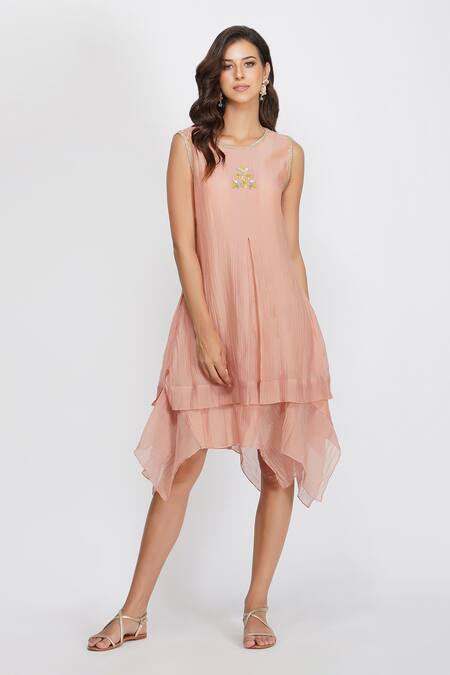 Buy Devyani Mehrotra Pink Chanderi Embroidery Round Asymmetric Dress Online at Aza Fashions Buy_Devyani Mehrotra_Pink Chanderi Embroidery Round Asymmetric Dress_Online_at_Aza_Fashions