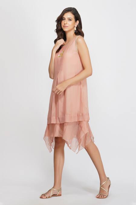 Shop Devyani Mehrotra Pink Chanderi Embroidery Round Asymmetric Dress Online at Aza Fashions Shop_Devyani Mehrotra_Pink Chanderi Embroidery Round Asymmetric Dress_Online_at_Aza_Fashions