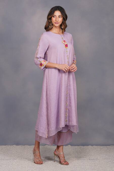 Devyani Mehrotra_Purple Chanderi Tissue Embroidery Round Asymmetrical Tunic And Pant_Online_at_Aza_Fashions
