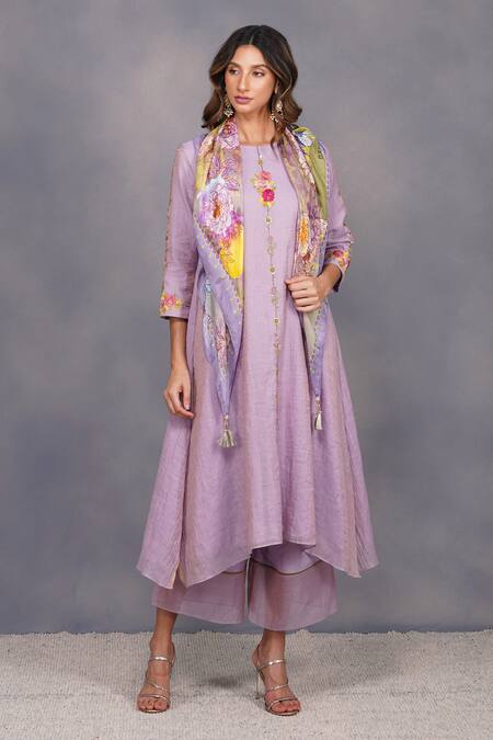 Buy_Devyani Mehrotra_Purple Chanderi Tissue Embroidery Round Asymmetrical Tunic And Pant_Online_at_Aza_Fashions