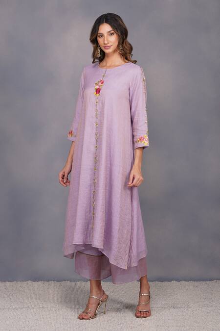 Shop_Devyani Mehrotra_Purple Chanderi Tissue Embroidery Round Asymmetrical Tunic And Pant_Online_at_Aza_Fashions