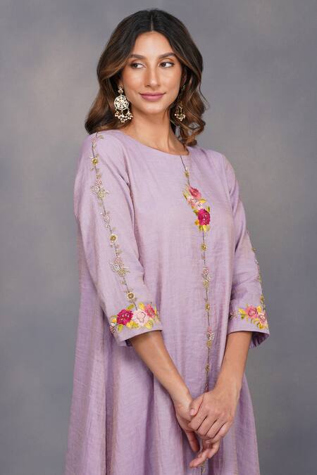 Devyani Mehrotra_Purple Chanderi Tissue Embroidery Round Asymmetrical Tunic And Pant_at_Aza_Fashions