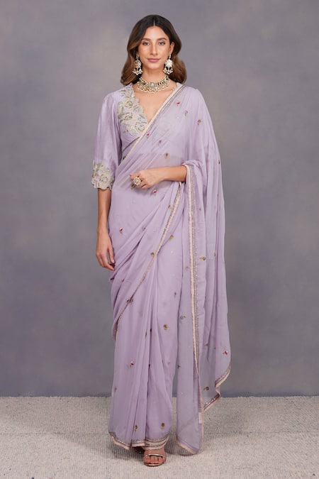 Buy Purple Saree Viscose Georgette Blouse Chanderi Embroidery V Neck