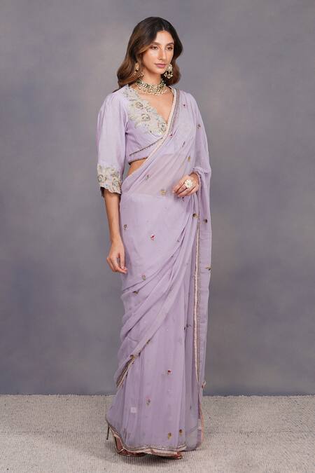 Devyani Mehrotra_Purple Saree Viscose Georgette Blouse Chanderi V Neck Embroidered Set_Online_at_Aza_Fashions