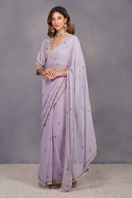 Buy_Devyani Mehrotra_Purple Saree Viscose Georgette Blouse Chanderi V Neck Embroidered Set_Online_at_Aza_Fashions
