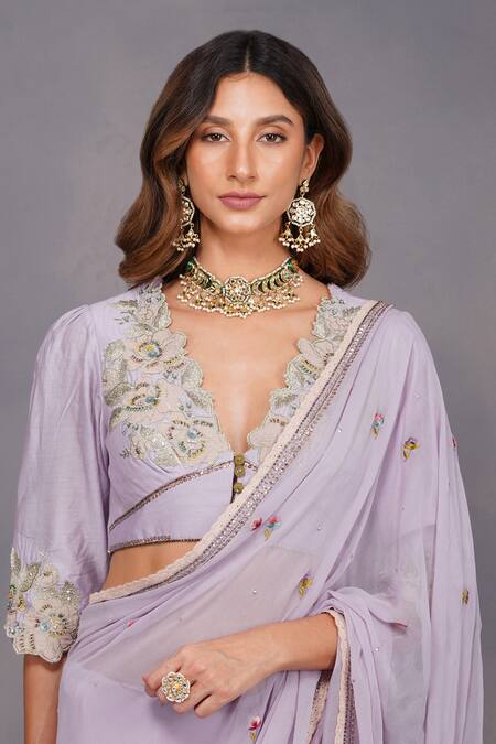 Shop_Devyani Mehrotra_Purple Saree Viscose Georgette Blouse Chanderi V Neck Embroidered Set_Online_at_Aza_Fashions