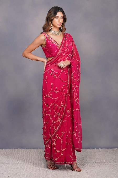 Devyani Mehrotra_Pink Saree Viscose Georgette Blouse Chanderi V Neck Embellished Semi Sheer_Online_at_Aza_Fashions