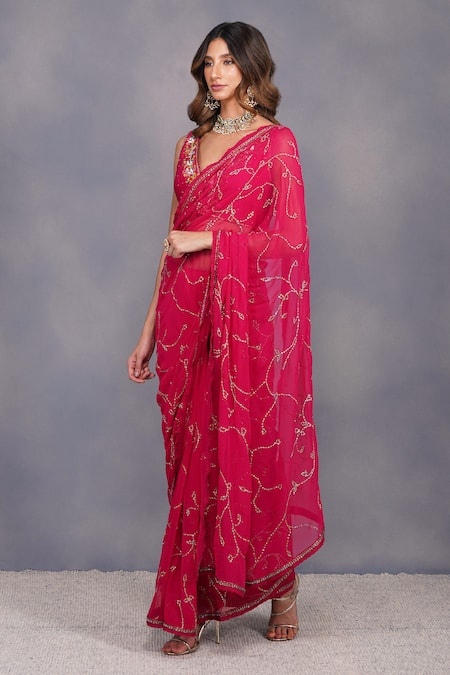 Buy_Devyani Mehrotra_Pink Saree Viscose Georgette Blouse Chanderi V Neck Embellished Semi Sheer_Online_at_Aza_Fashions