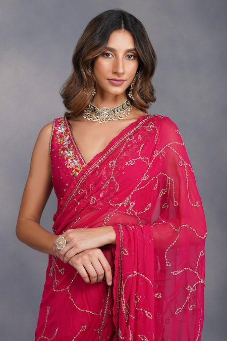 Shop_Devyani Mehrotra_Pink Saree Viscose Georgette Blouse Chanderi V Neck Embellished Semi Sheer_Online_at_Aza_Fashions