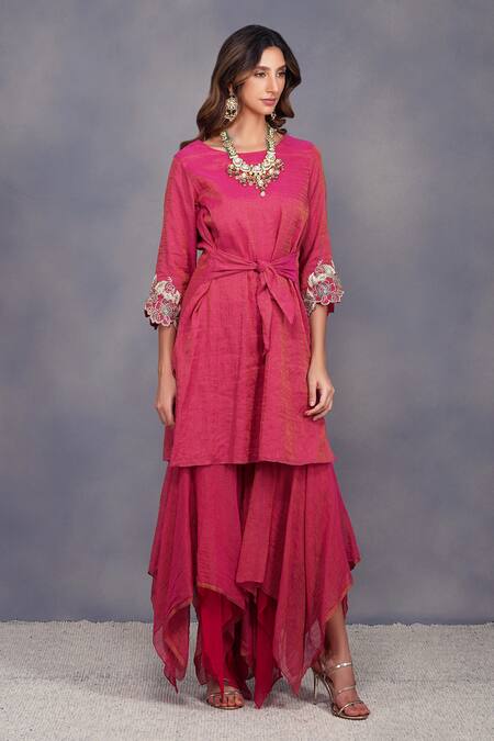Devyani Mehrotra_Pink Tissue Chanderi Embroidery Boat Asymmetrical Gharara And Tunic _Online_at_Aza_Fashions