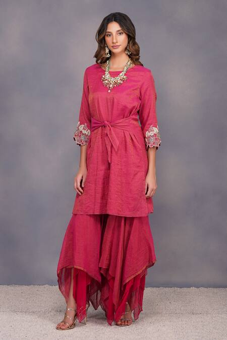 Buy_Devyani Mehrotra_Pink Tissue Chanderi Embroidery Boat Asymmetrical Gharara And Tunic _Online_at_Aza_Fashions