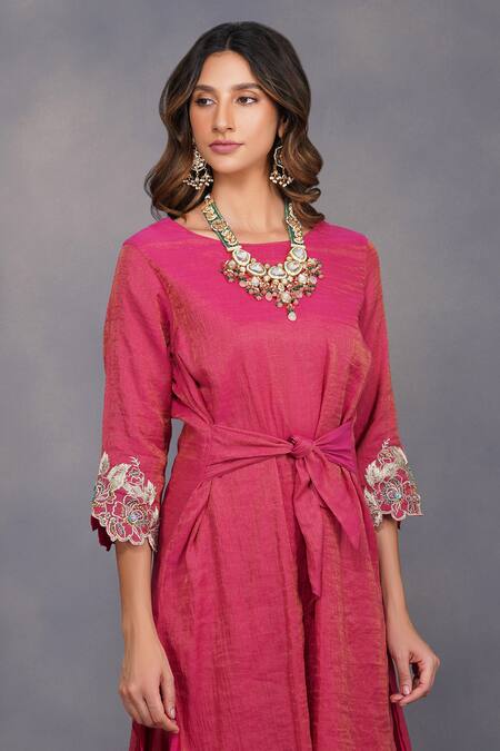 Shop_Devyani Mehrotra_Pink Tissue Chanderi Embroidery Boat Asymmetrical Gharara And Tunic _Online_at_Aza_Fashions