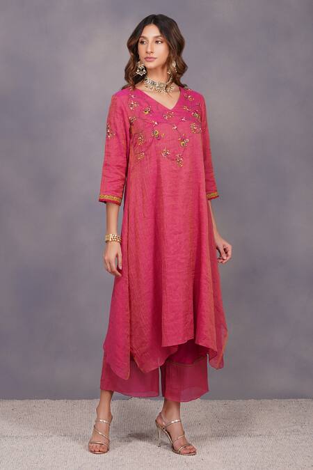 Devyani Mehrotra Pink Tissue Chanderi Embroidery V Neck Asymmetrical Tunic And Pant Online at Aza Fashions Devyani Mehrotra_Pink Tissue Chanderi Embroidery V Neck Asymmetrical Tunic And Pant_Online_at_Aza_Fashions