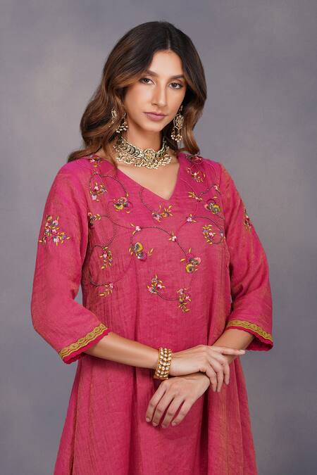 Shop Devyani Mehrotra Pink Tissue Chanderi Embroidery V Neck Asymmetrical Tunic And Pant Online at Aza Fashions Shop_Devyani Mehrotra_Pink Tissue Chanderi Embroidery V Neck Asymmetrical Tunic And Pant_Online_at_Aza_Fashions