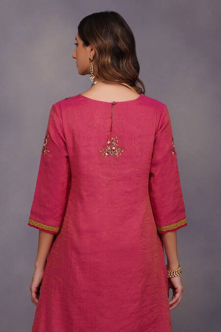 Devyani Mehrotra Pink Tissue Chanderi Embroidery V Neck Asymmetrical Tunic And Pant at Aza Fashions Devyani Mehrotra_Pink Tissue Chanderi Embroidery V Neck Asymmetrical Tunic And Pant_at_Aza_Fashions