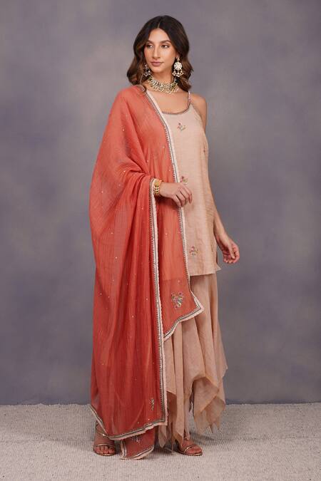 Devyani Mehrotra_Beige Tissue Chanderi Embroidery Scoop Neck Kurta And Asymmetrical Gharara Set_Online_at_Aza_Fashions