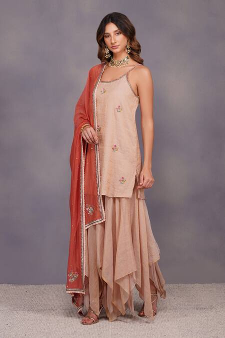 Buy_Devyani Mehrotra_Beige Tissue Chanderi Embroidery Scoop Neck Kurta And Asymmetrical Gharara Set_Online_at_Aza_Fashions