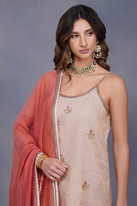 Shop_Devyani Mehrotra_Beige Tissue Chanderi Embroidery Scoop Neck Kurta And Asymmetrical Gharara Set_Online_at_Aza_Fashions
