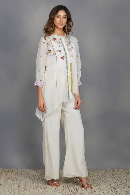 Devyani Mehrotra_White Chanderi Embroidery Round Asymmetrical Shirt And Pant Set_Online_at_Aza_Fashions