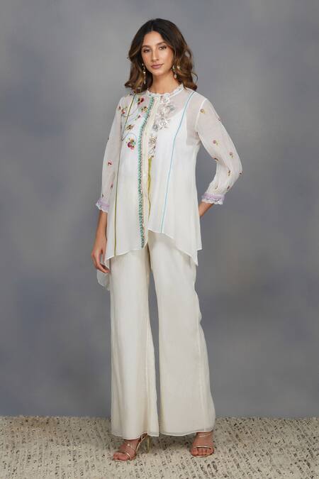 Buy_Devyani Mehrotra_White Chanderi Embroidery Round Asymmetrical Shirt And Pant Set_Online_at_Aza_Fashions