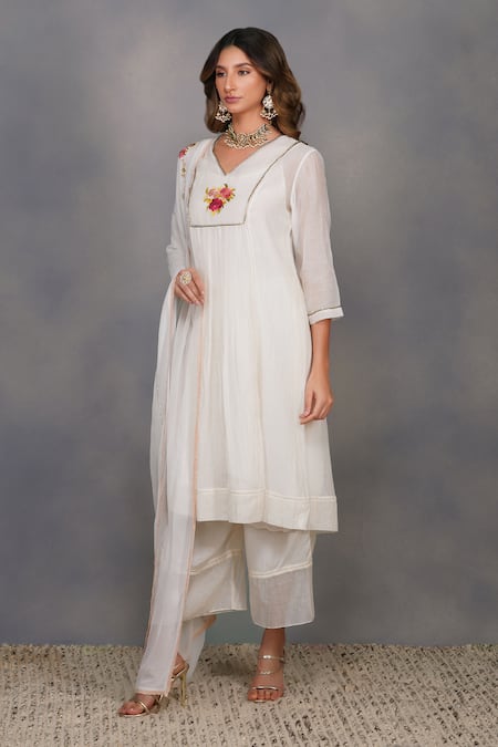 Buy_Devyani Mehrotra_White Viscose Georgette Embroidery V Neck Tunic And Pant Set_Online_at_Aza_Fashions