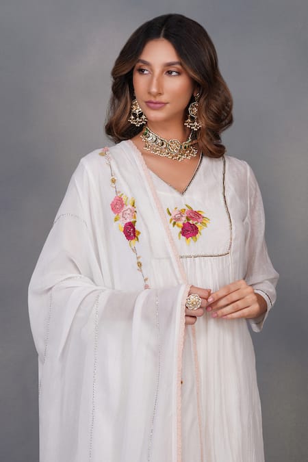 Shop_Devyani Mehrotra_White Viscose Georgette Embroidery V Neck Tunic And Pant Set_Online_at_Aza_Fashions