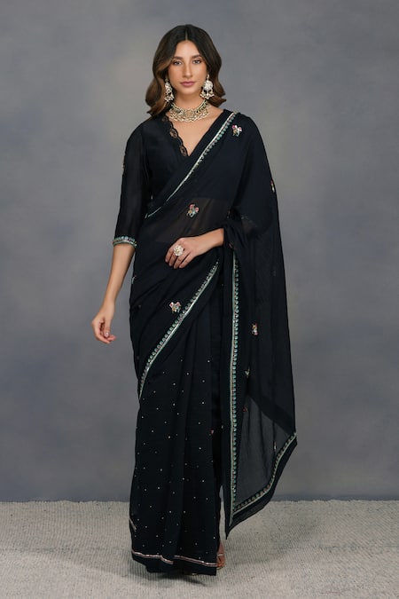 Buy_Devyani Mehrotra_Black Chanderi Embroidered Saree_Online_at_Aza_Fashions