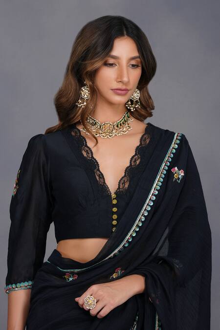 Devyani Mehrotra_Black Chanderi Embroidered Saree_at_Aza_Fashions