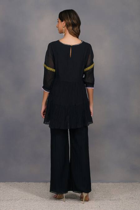 Shop_Devyani Mehrotra_Black Chanderi Embroidery Round Embellished Top And Pant Set_at_Aza_Fashions