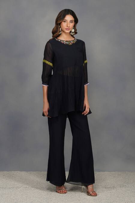Devyani Mehrotra_Black Chanderi Embroidery Round Embellished Top And Pant Set_Online_at_Aza_Fashions