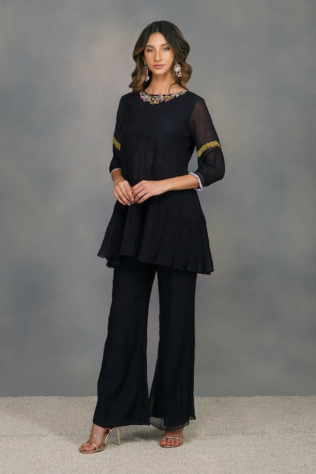 Buy_Devyani Mehrotra_Black Chanderi Embroidery Round Embellished Top And Pant Set_Online_at_Aza_Fashions