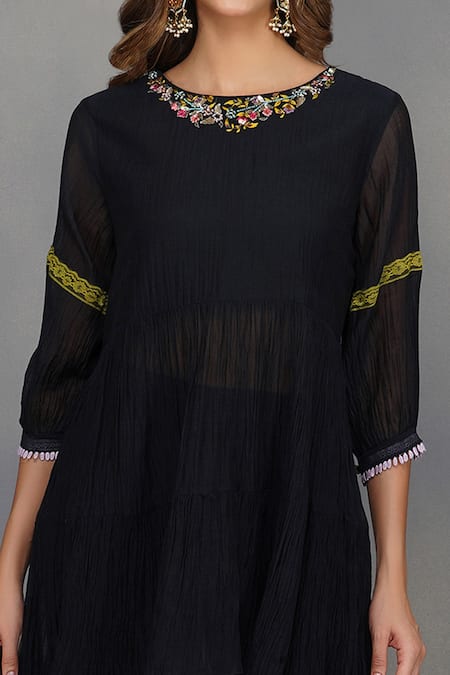 Shop_Devyani Mehrotra_Black Chanderi Embroidery Round Embellished Top And Pant Set_Online_at_Aza_Fashions