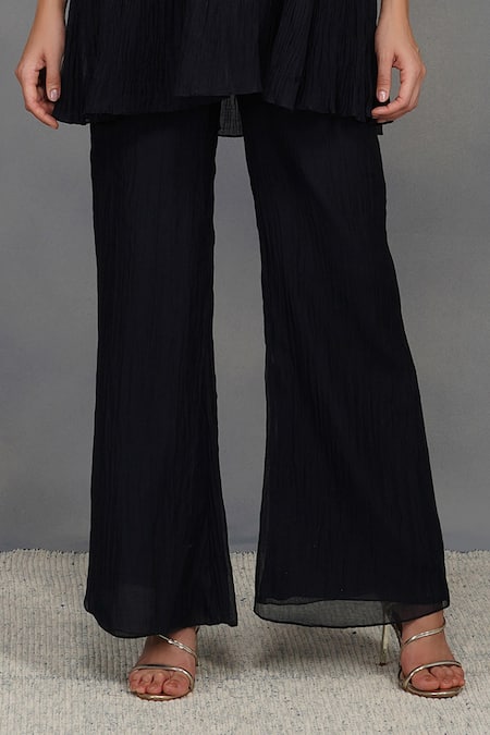 Devyani Mehrotra_Black Chanderi Embroidery Round Embellished Top And Pant Set_at_Aza_Fashions