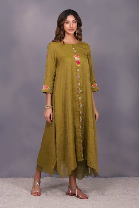 Devyani Mehrotra_Green Tissue Chanderi Embroidery Round Asymmetrical Tunic Set_Online_at_Aza_Fashions