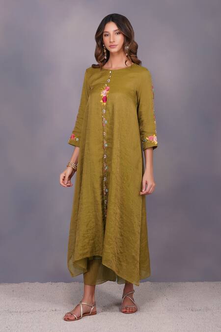 Buy_Devyani Mehrotra_Green Tissue Chanderi Embroidery Round Asymmetrical Tunic Set_Online_at_Aza_Fashions
