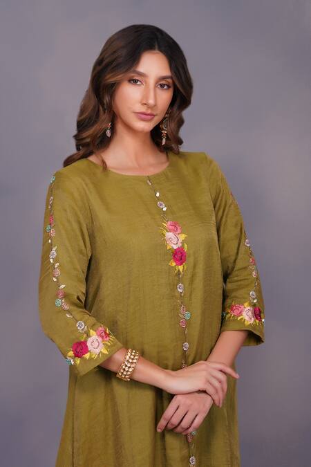 Shop_Devyani Mehrotra_Green Tissue Chanderi Embroidery Round Asymmetrical Tunic Set_Online_at_Aza_Fashions