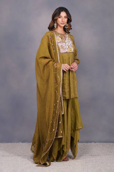 Devyani Mehrotra_Green Cotton, , Tissue Round Asymmetrical Gharara And Tunic Set_Online_at_Aza_Fashions