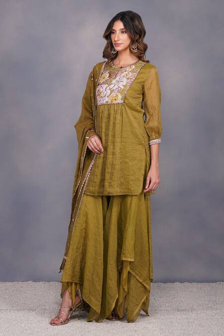 Buy_Devyani Mehrotra_Green Cotton, , Tissue Round Asymmetrical Gharara And Tunic Set_Online_at_Aza_Fashions