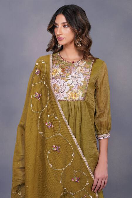 Shop_Devyani Mehrotra_Green Cotton, , Tissue Round Asymmetrical Gharara And Tunic Set_Online_at_Aza_Fashions