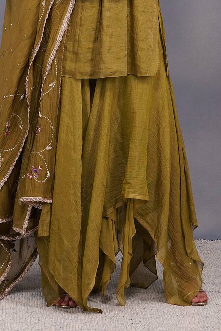 Devyani Mehrotra_Green Cotton, , Tissue Round Asymmetrical Gharara And Tunic Set_at_Aza_Fashions