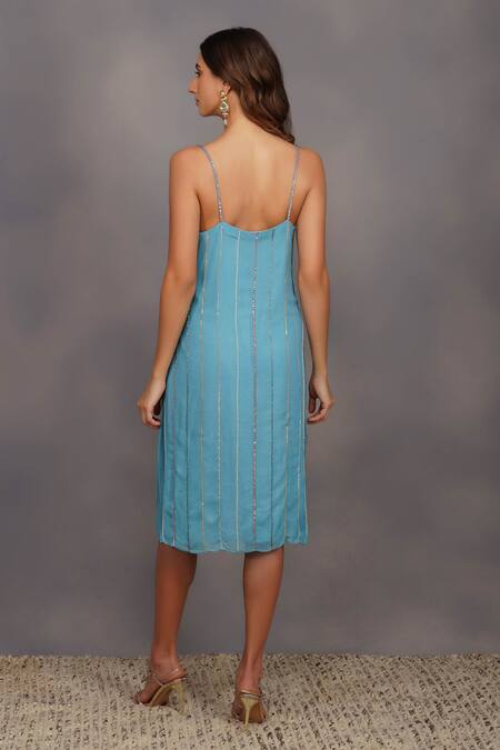 Shop_Devyani Mehrotra_Blue Shimmer Georgette Embroidery Round Embellised Midi Dress_at_Aza_Fashions