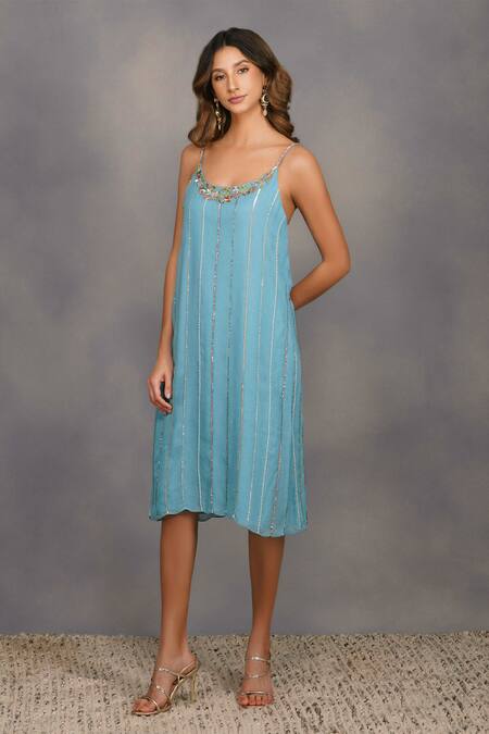 Buy_Devyani Mehrotra_Blue Shimmer Georgette Embroidery Round Embellised Midi Dress_Online_at_Aza_Fashions