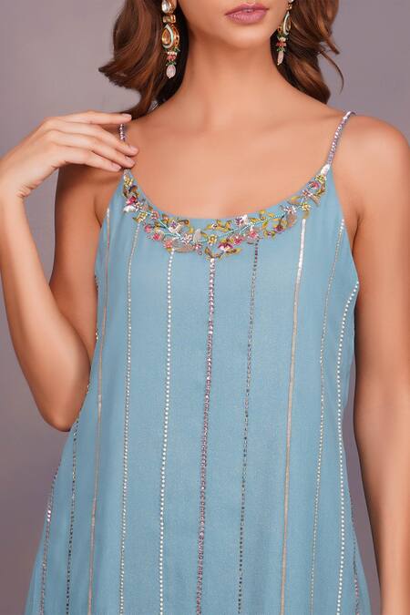 Shop_Devyani Mehrotra_Blue Shimmer Georgette Embroidery Round Embellised Midi Dress_Online_at_Aza_Fashions