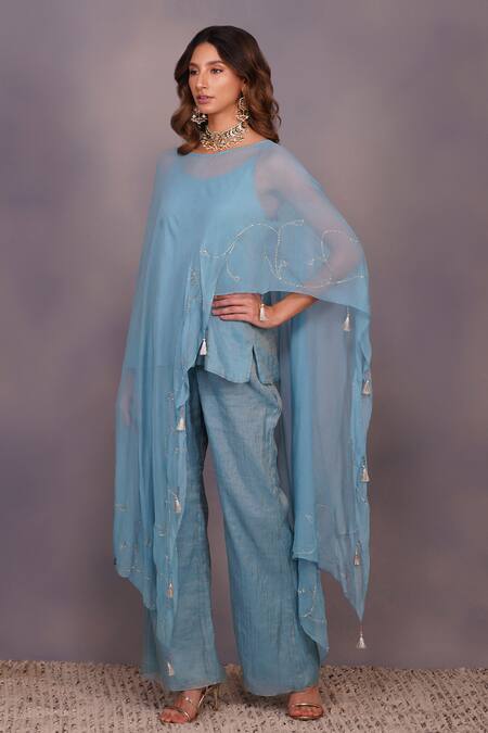 Buy_Devyani Mehrotra_Blue Viscose Georgette Embroidery Round Embellished Cape And Pant Set_Online_at_Aza_Fashions