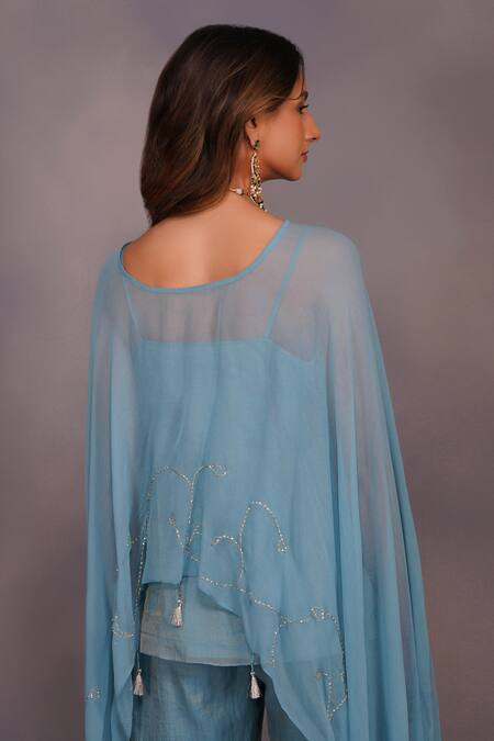 Devyani Mehrotra_Blue Viscose Georgette Embroidery Round Embellished Cape And Pant Set_at_Aza_Fashions
