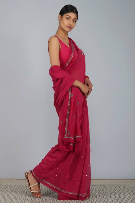 Devyani Mehrotra_Pink Chanderi, Viscose Muslin Embroidered Saree_Online_at_Aza_Fashions