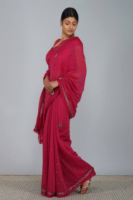 Buy_Devyani Mehrotra_Pink Chanderi, Viscose Muslin Embroidered Saree_Online_at_Aza_Fashions