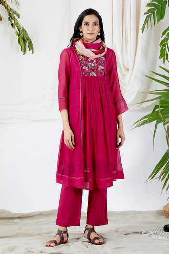 Buy Pink Kurta And Scarf Chanderi Slip Viscose Crepe Pant Embroidered ...